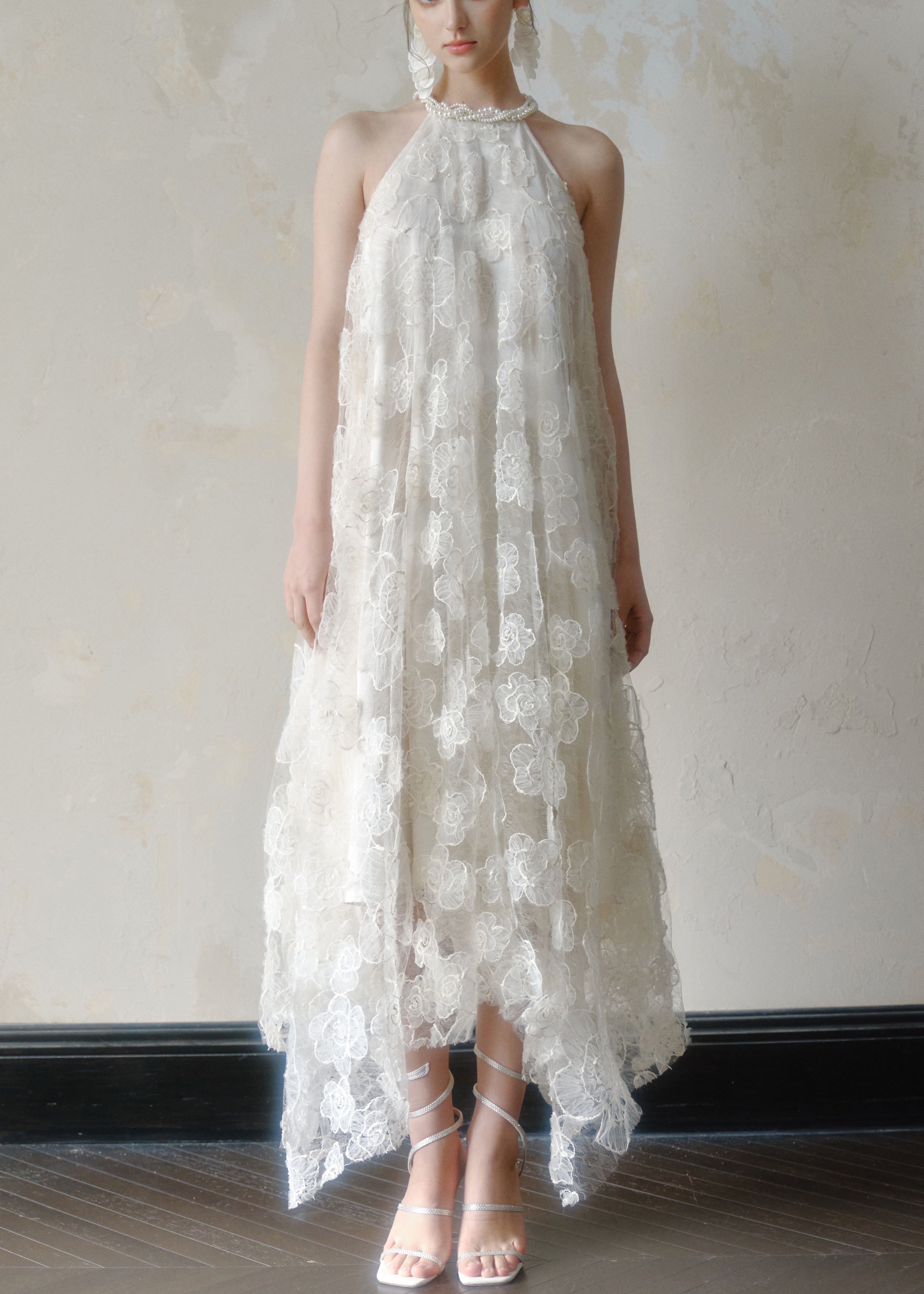 Floral Lace Pearl Trim Halter Neck Asymmetric Handkerchief Hem Sleeveless Dress
