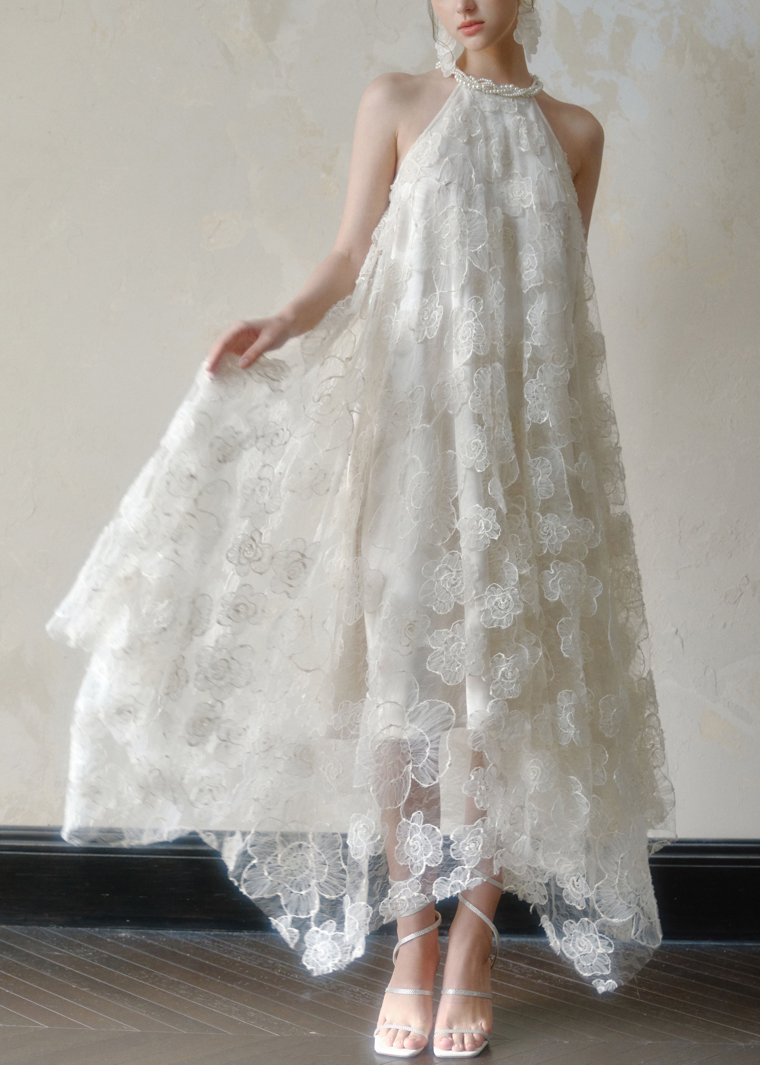 Floral Lace Pearl Trim Halter Neck Asymmetric Handkerchief Hem Sleeveless Dress