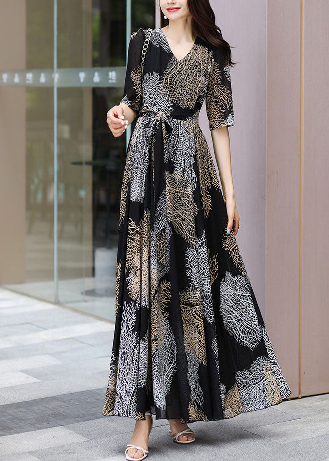 Chiffon V-Neck Short Sleeve Tie Belt Abstract Print A-Line Maxi Dress