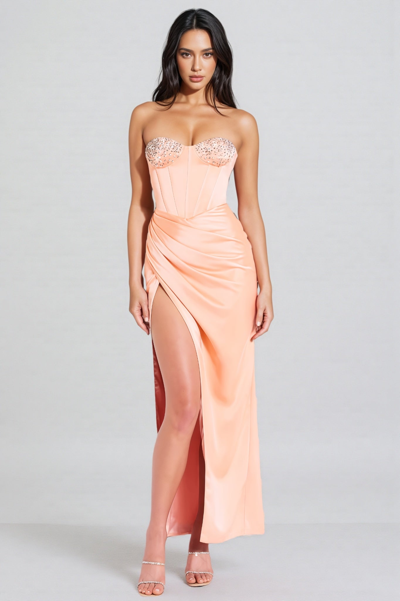 Estrela Diamond-Studded Sheath Ruffle Maxi Dress - View 5