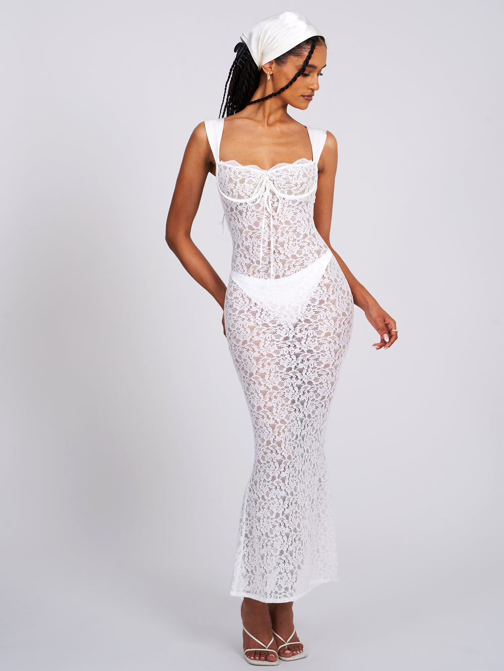 Sheer Lace Sweetheart Wide Strap Bodycon Maxi Dress 14