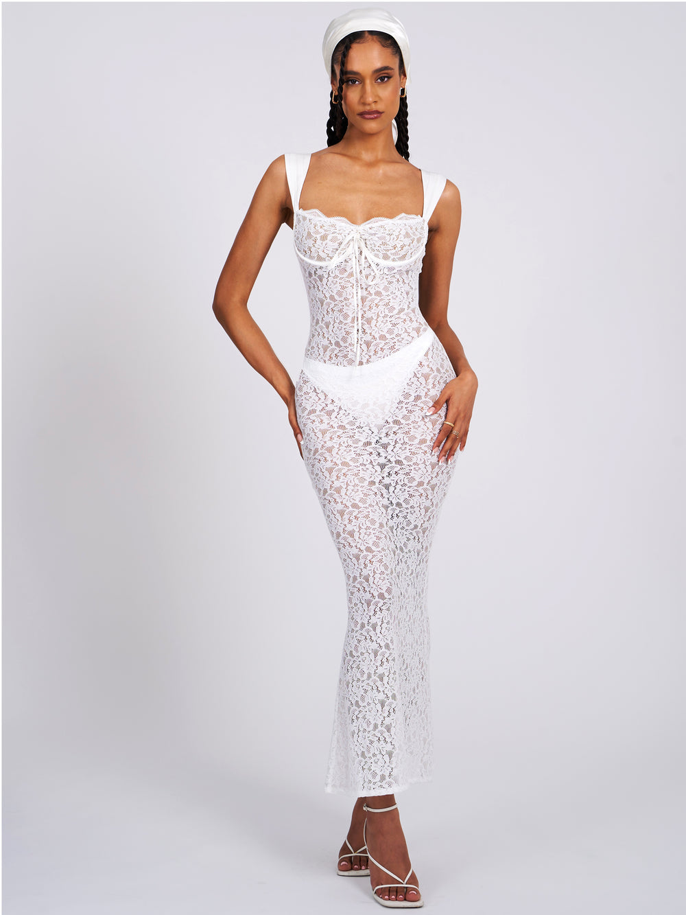 Sheer Lace Sweetheart Wide Strap Bodycon Maxi Dress 13