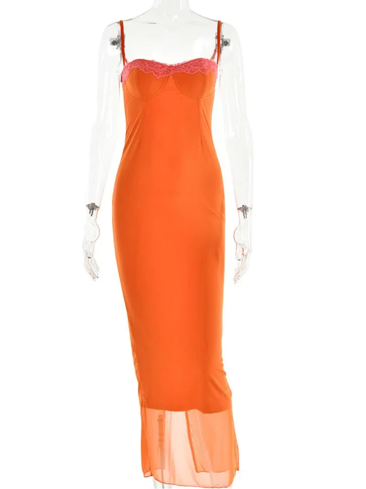 Mesh Spaghetti Strap Lace Trim Bustier Bodycon Maxi Dress 6