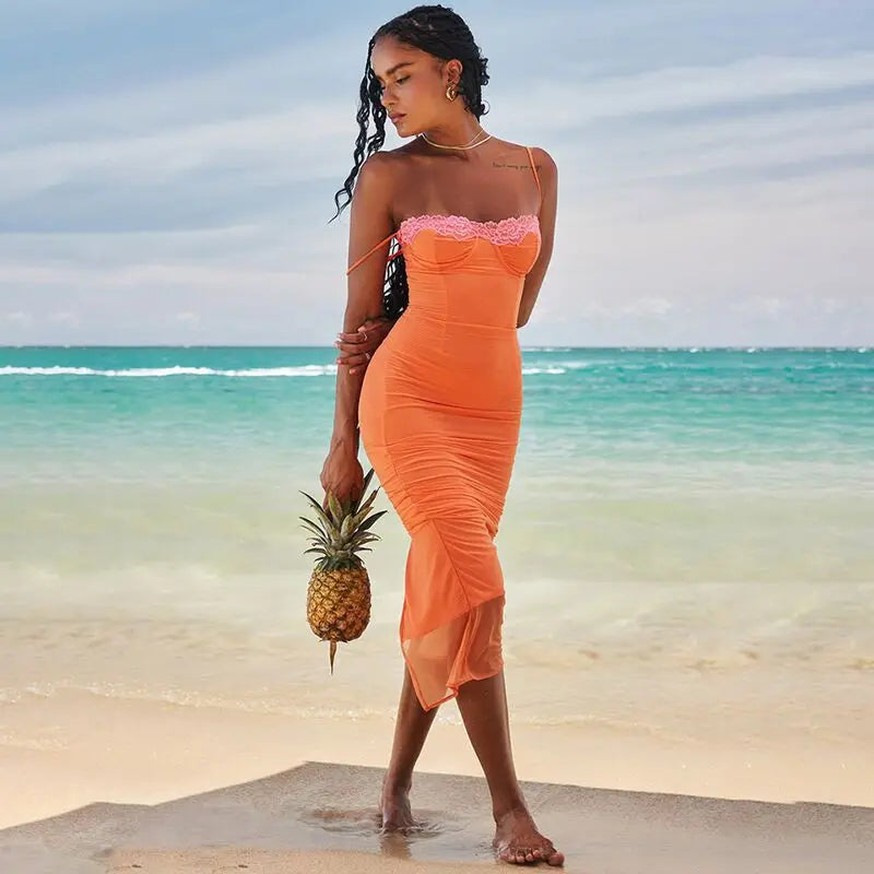 Mesh Spaghetti Strap Lace Trim Bustier Bodycon Maxi Dress 4