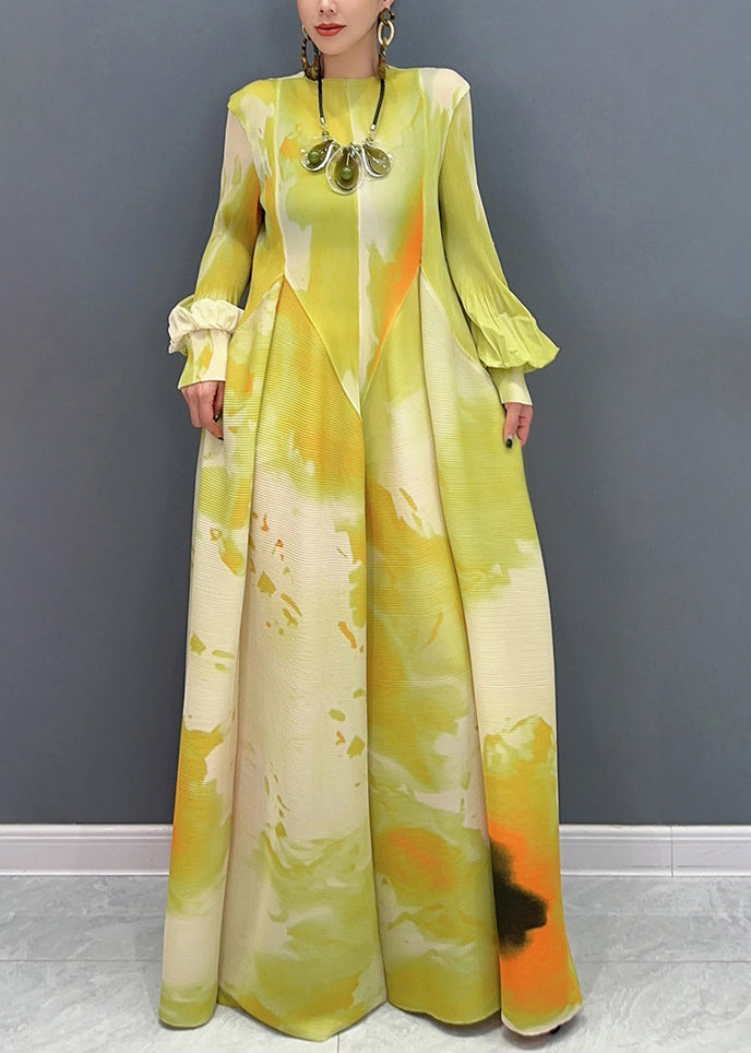 Plissé Pleated Chiffon Bell Sleeve Maxi Dress