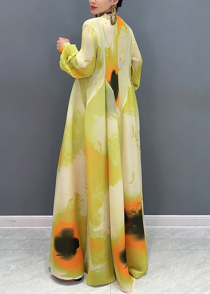 Plissé Pleated Chiffon Bell Sleeve Maxi Dress