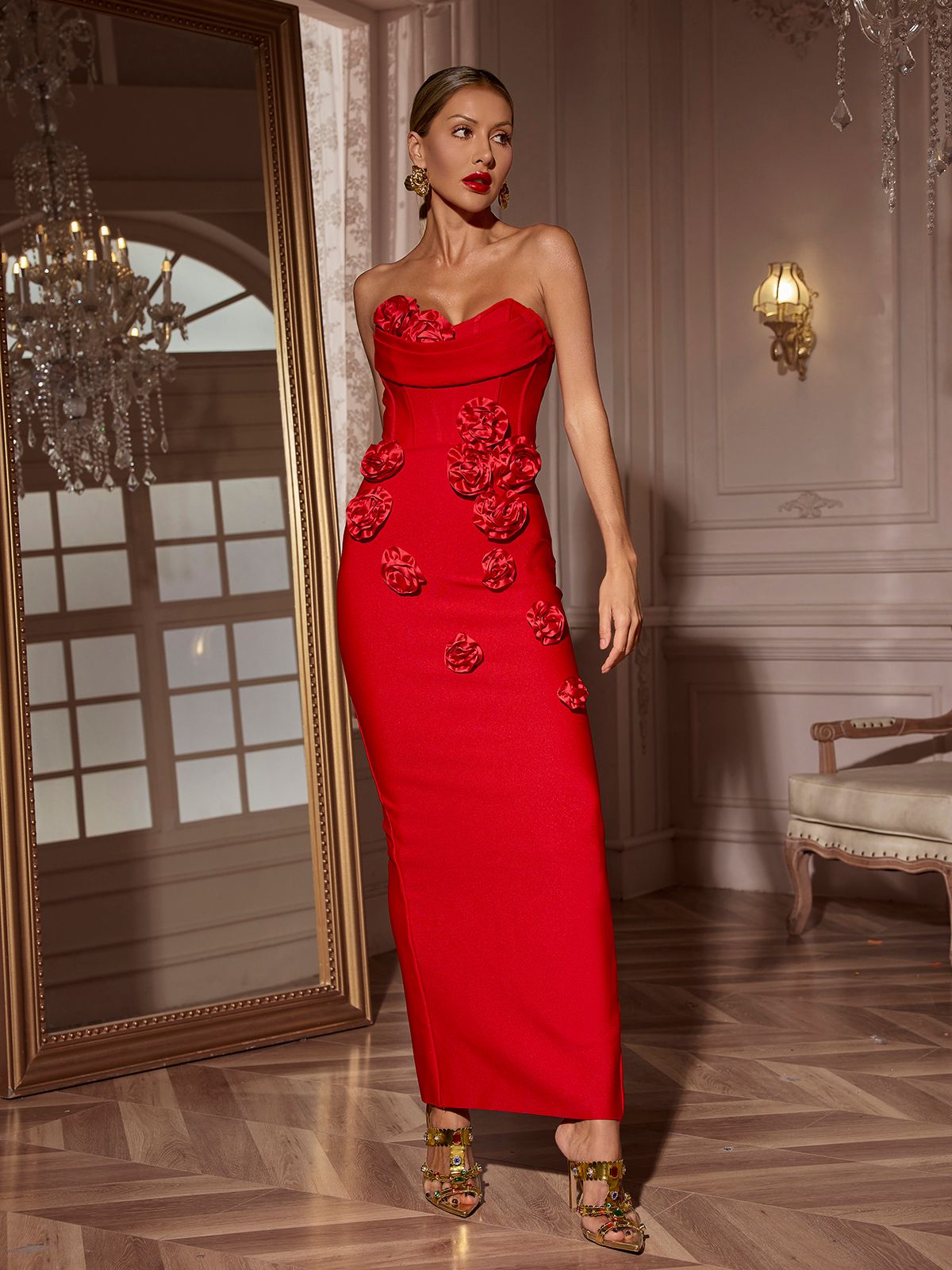 Strapless Corset Bodice 3D Rose Applique Satin Midi Dress
