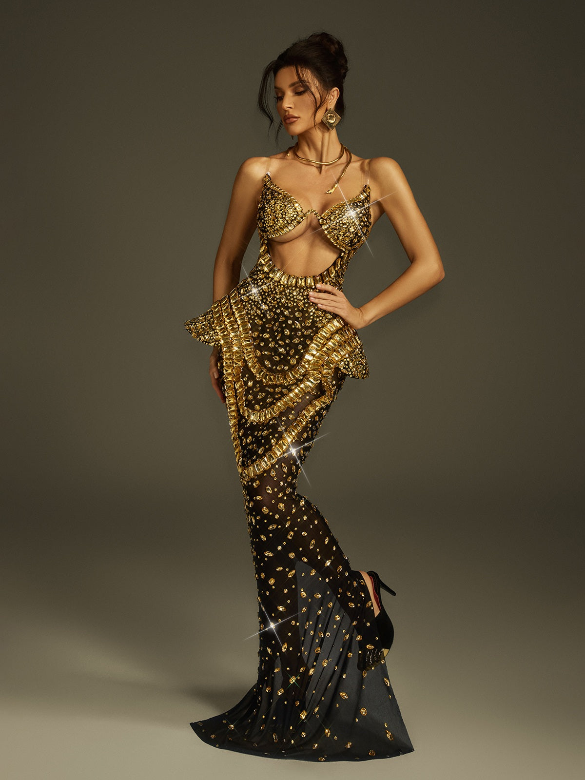 Strapless Cutout Crystal Maxi Dress In Gold - View 4