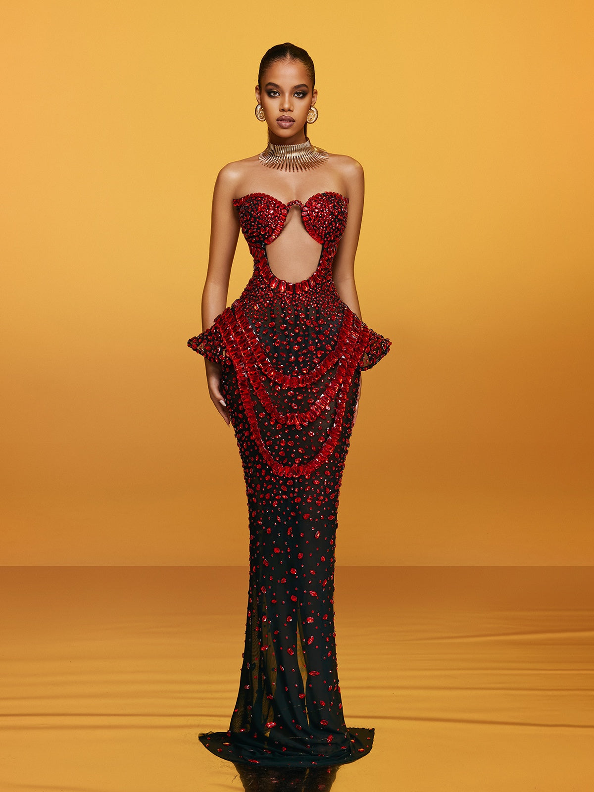 Strapless Cut Out Crystal Embellished Peplum Sheer Mesh Maxi Gown