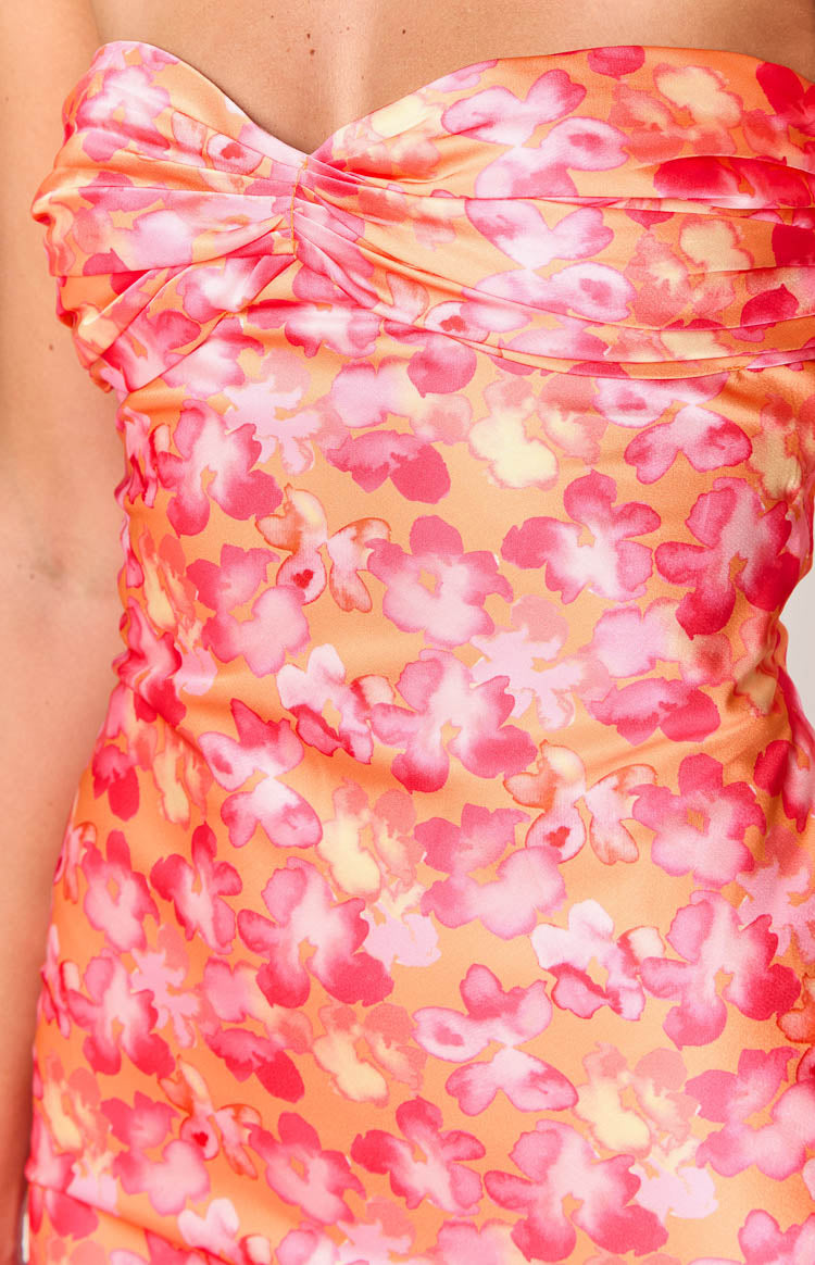 Abstract Floral Print Satin Strapless Twist Front Formal Maxi Dress 6