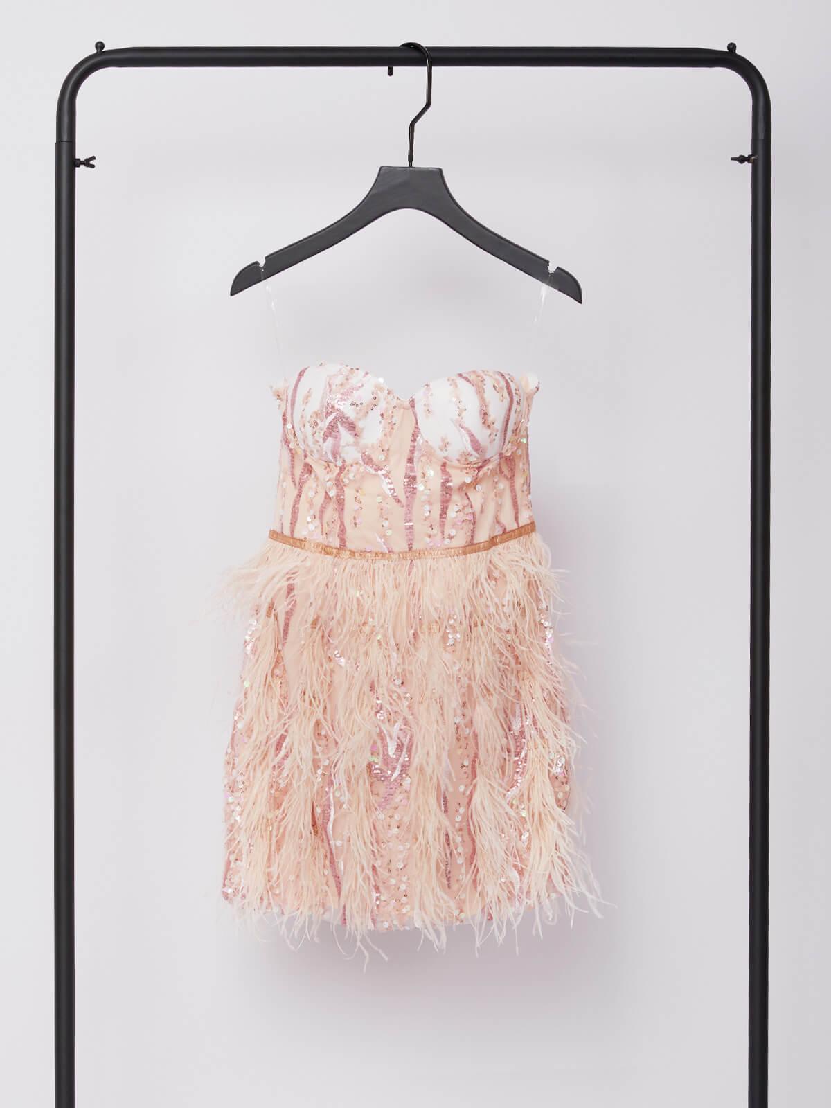 Strapless Sweetheart Sequin Feather Hem Corset Mini Dress