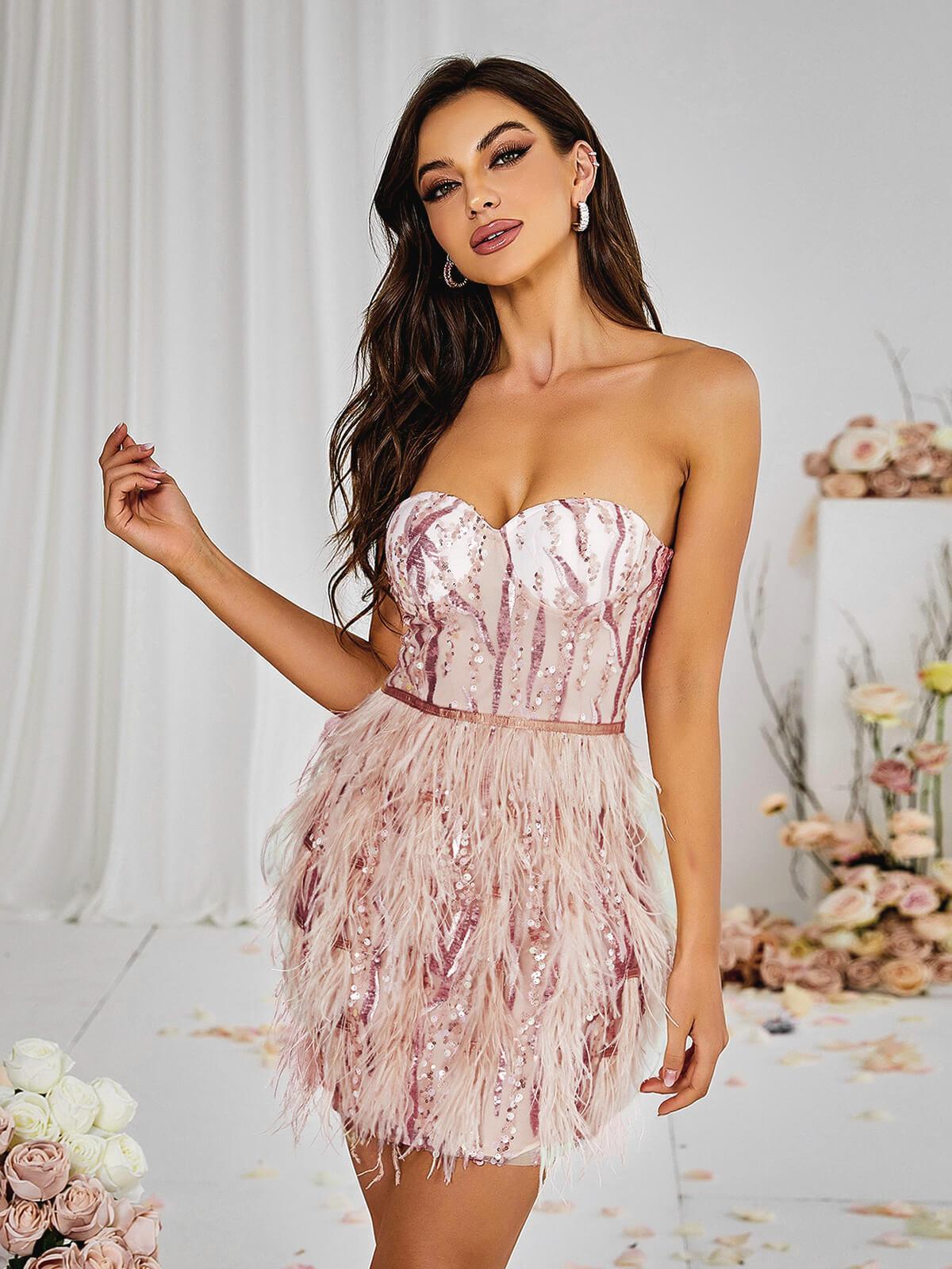 Strapless Sweetheart Sequin Feather Hem Corset Mini Dress