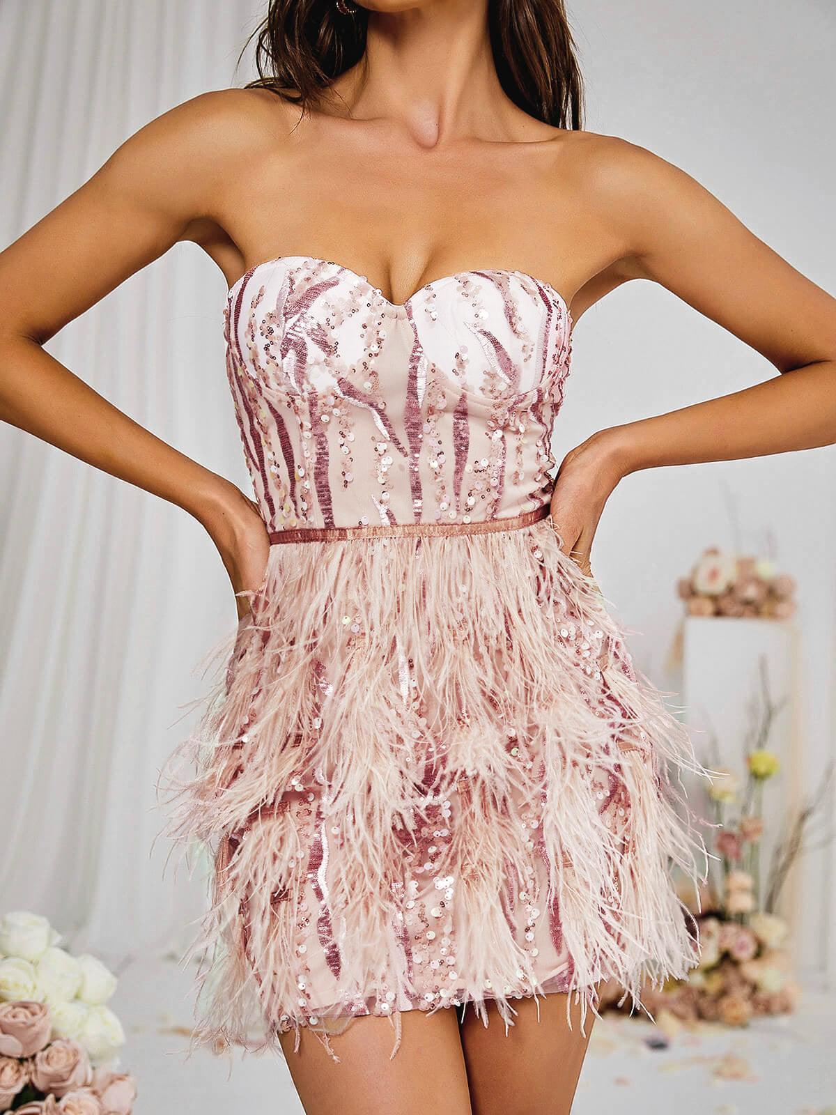 Strapless Sweetheart Sequin Feather Hem Corset Mini Dress