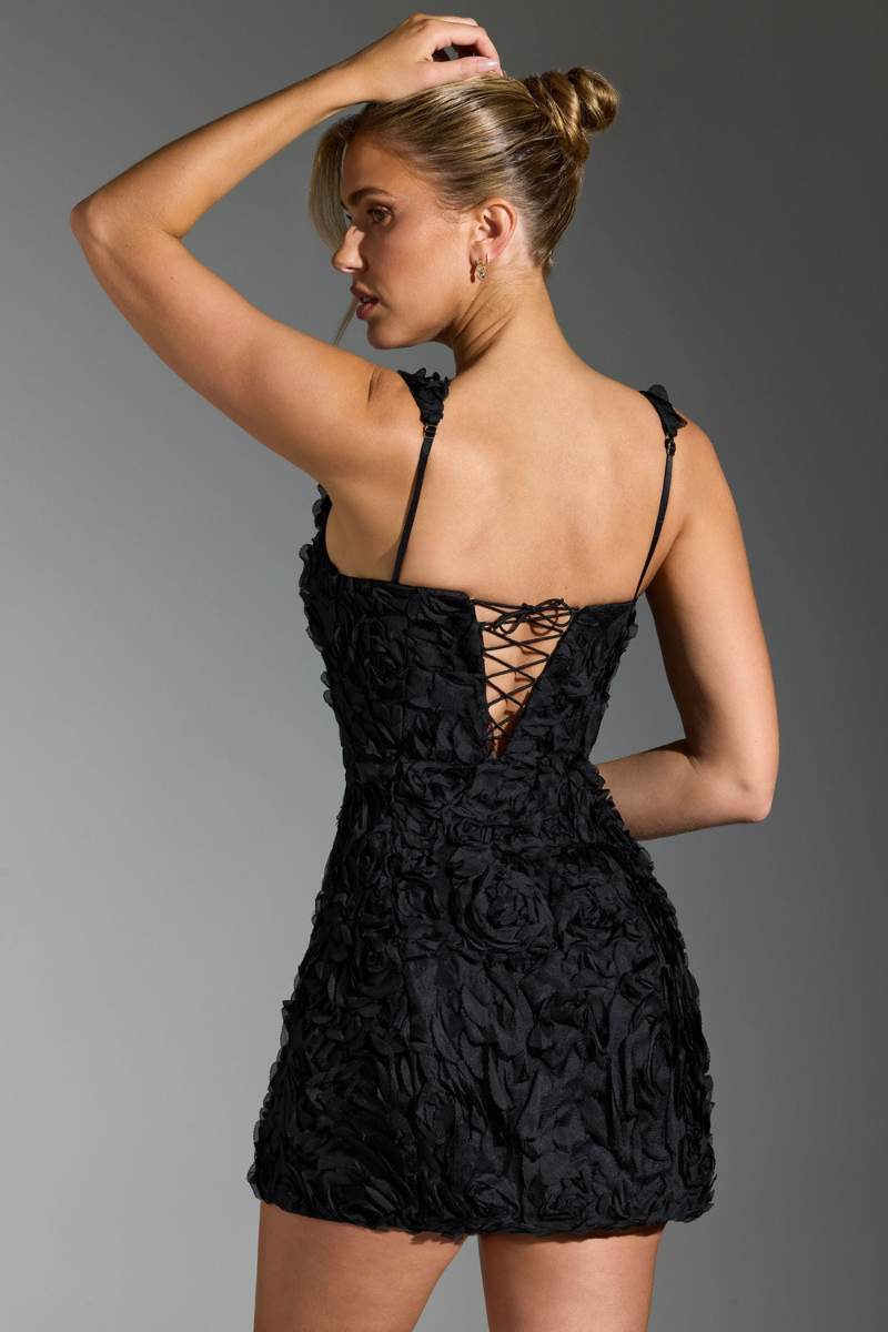 3D Floral Applique Square Neck Wide Strap Bodycon Mini Dress