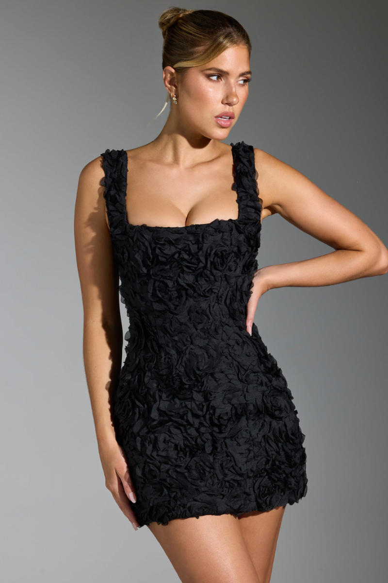 Marta Boutique Floral Lace Up Square Neck Mini Dress in Black Premium Wardrobe Essential