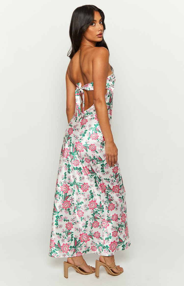 Floral Print Satin Strapless Ruched Bust Maxi Dress 4