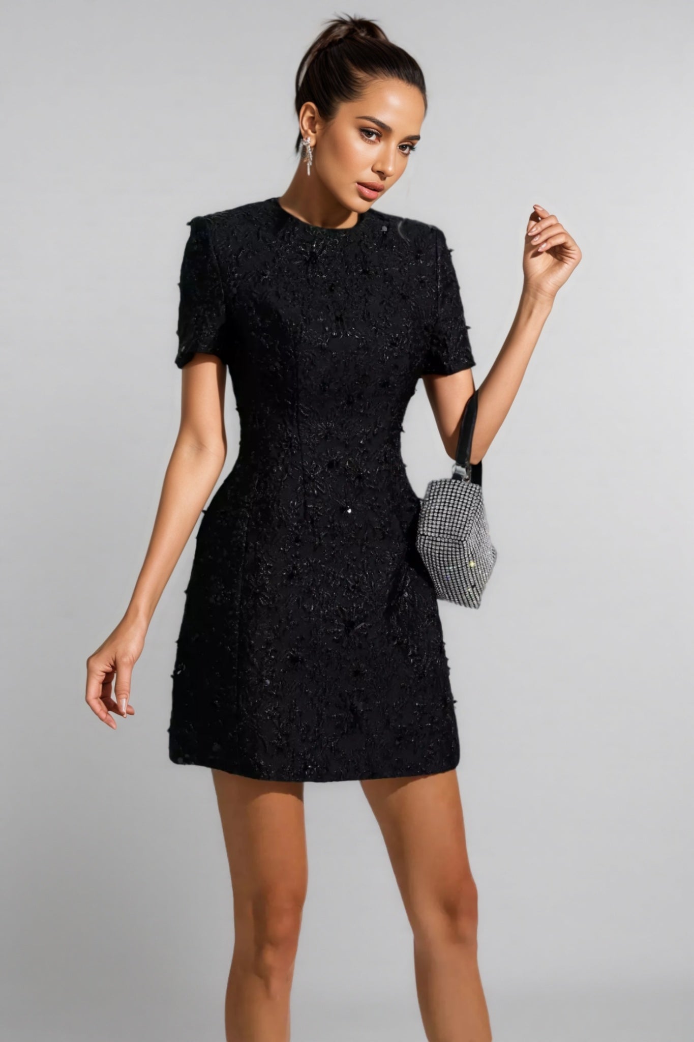 Floral Jacquard Short Sleeve A-Line Mini Dress