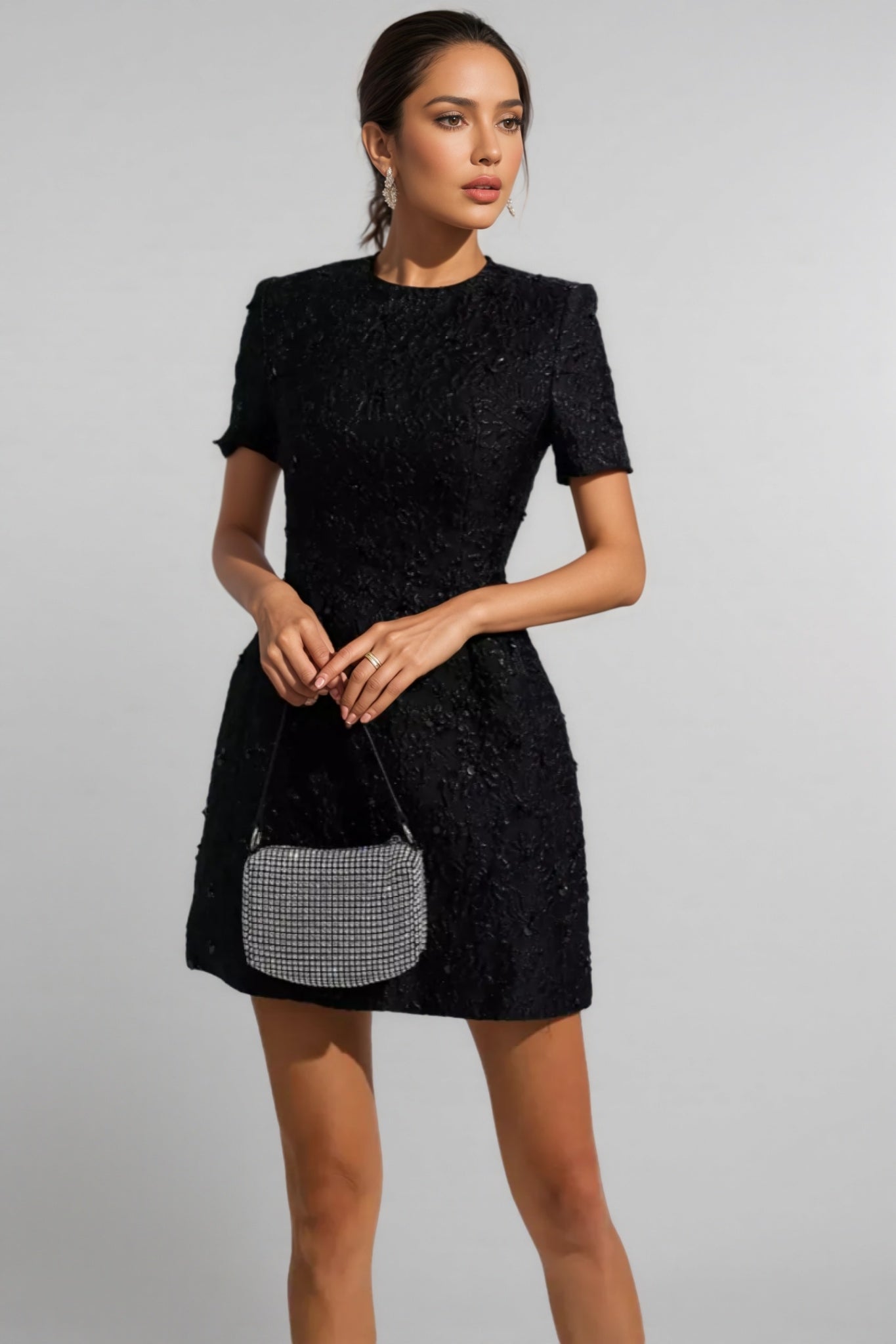 Floral Jacquard Short Sleeve A-Line Mini Dress