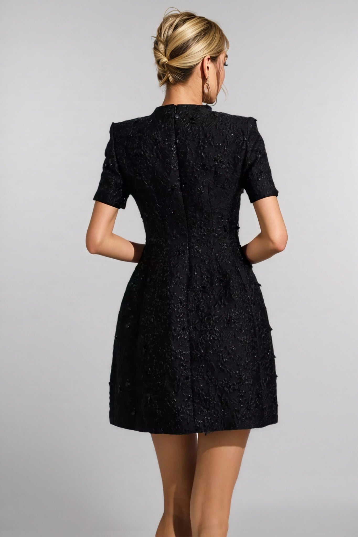 Floral Jacquard Short Sleeve A-Line Mini Dress