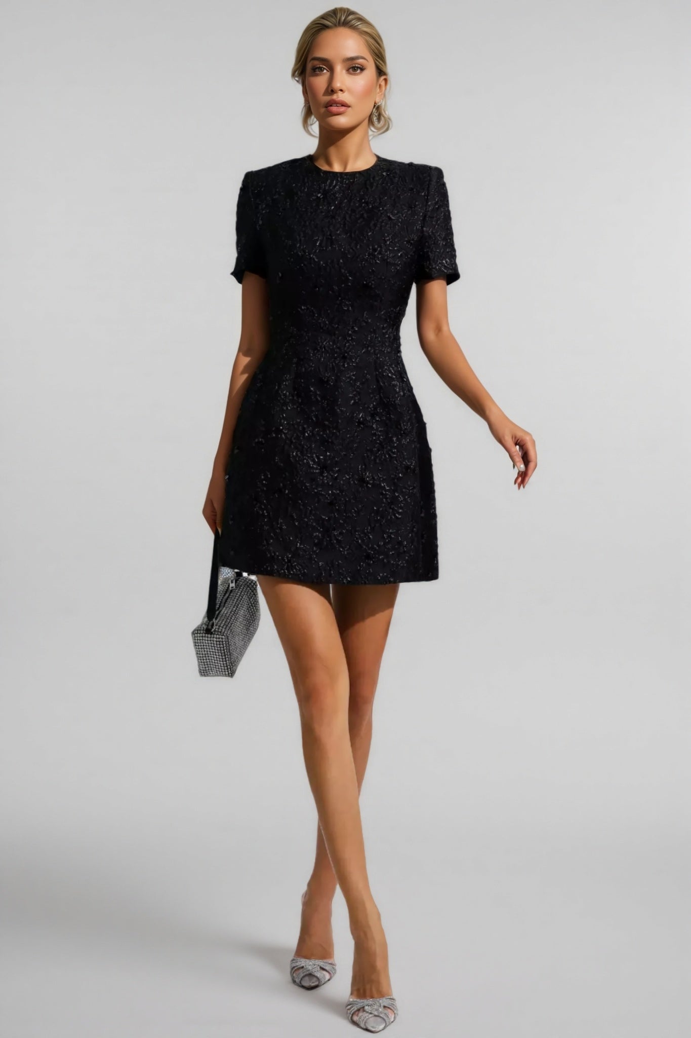 Floral Jacquard Short Sleeve A-Line Mini Dress