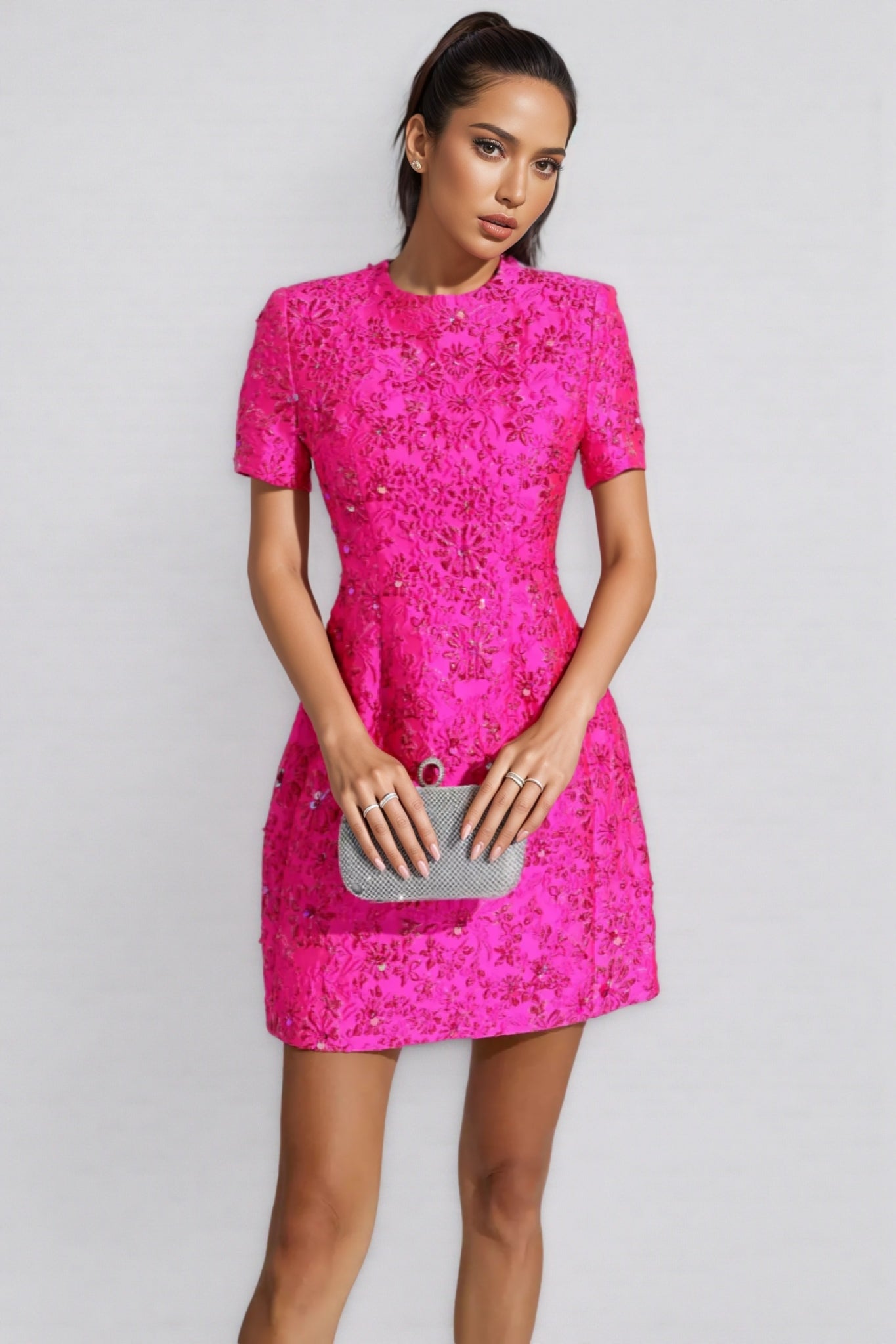 Sequin Floral Short Sleeve A-Line Mini Dress