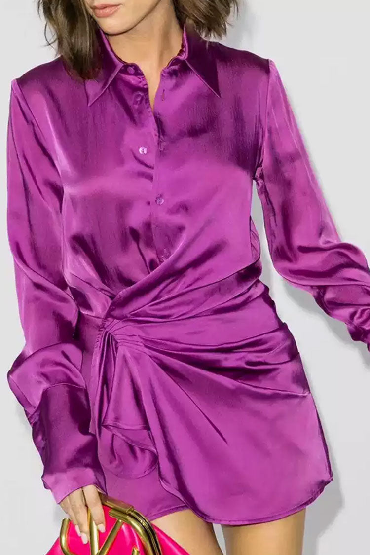 Asymmetric Long Sleeve Ruffle Ruched Satin Shirt Mini Dress - Fuchsia 2