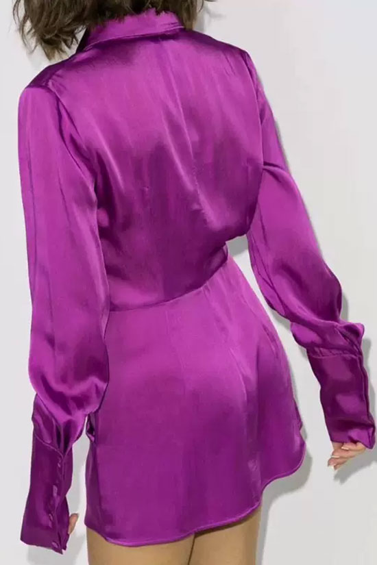 Asymmetric Long Sleeve Ruffle Ruched Satin Shirt Mini Dress - Fuchsia 3