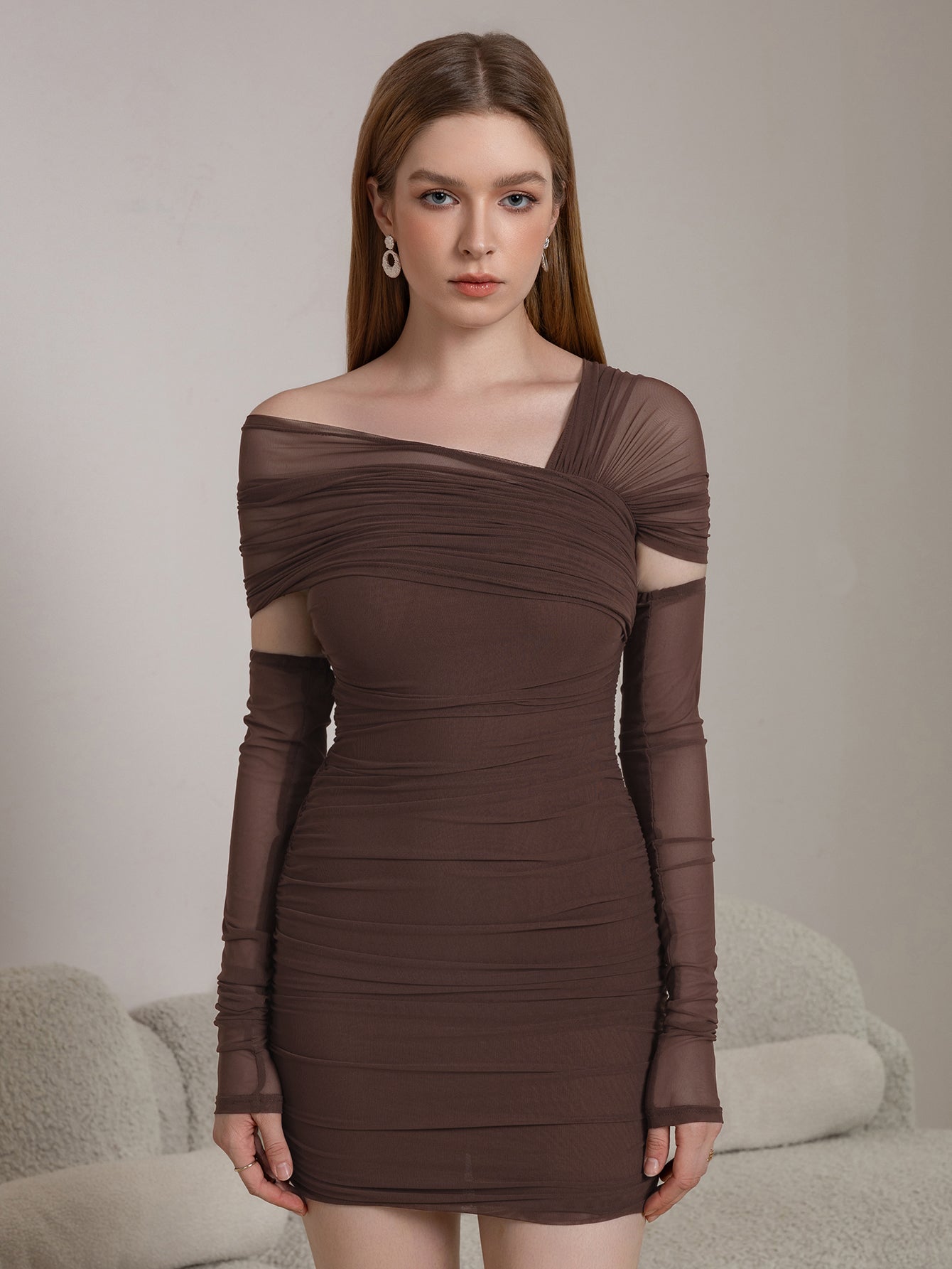 Mesh Off Shoulder Long Sleeve Ruched Cut Out Bodycon Mini Dress