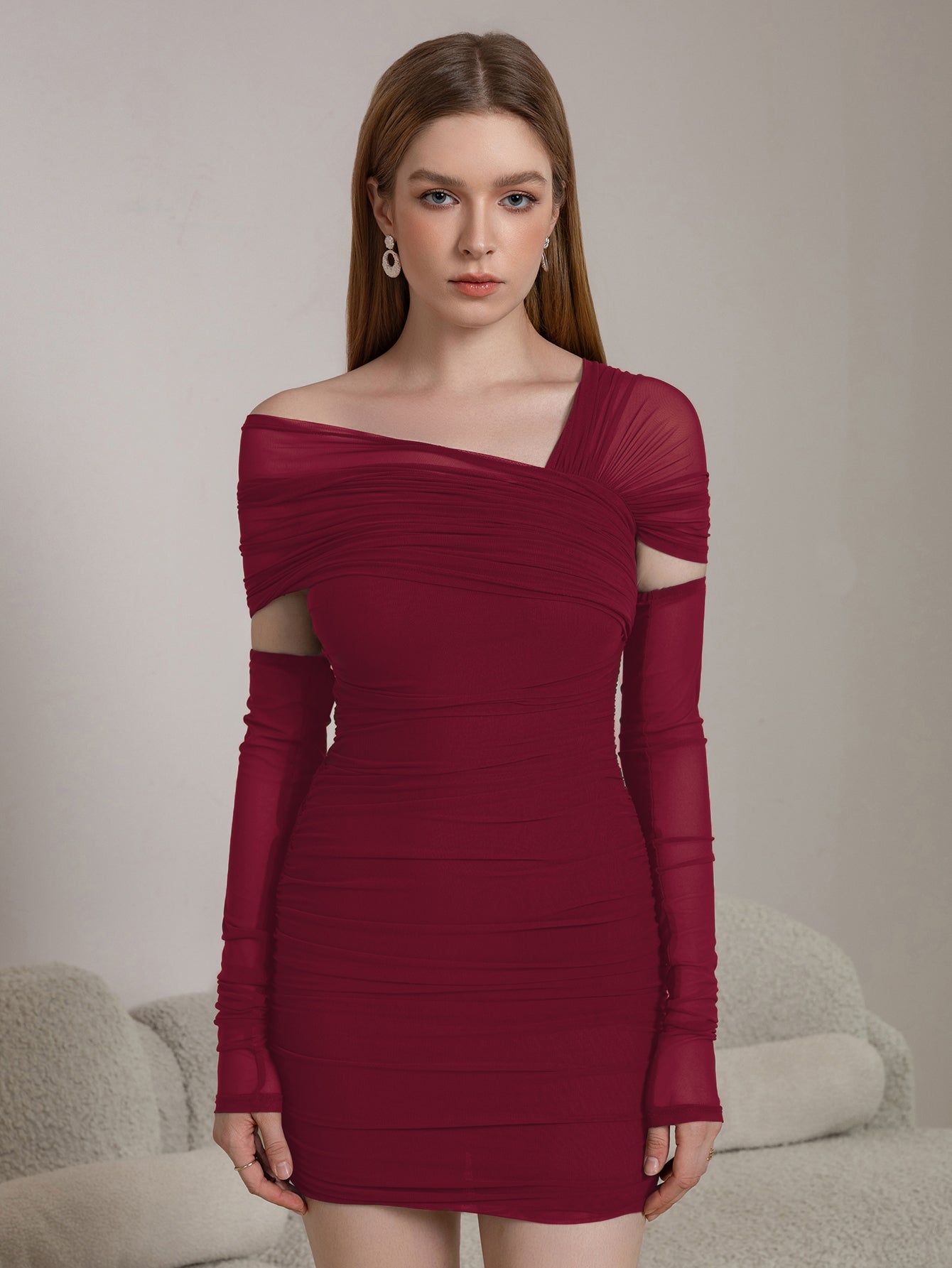 Mesh Off Shoulder Long Sleeve Ruched Cut Out Bodycon Mini Dress