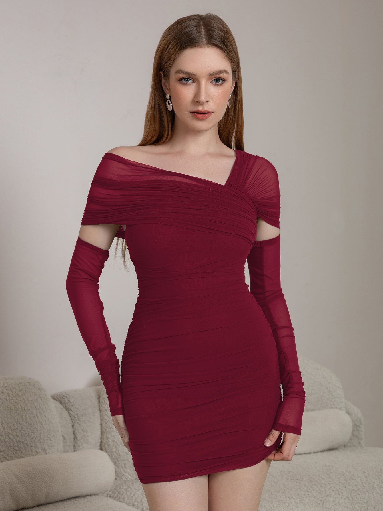 Mesh Off Shoulder Long Sleeve Ruched Cut Out Bodycon Mini Dress