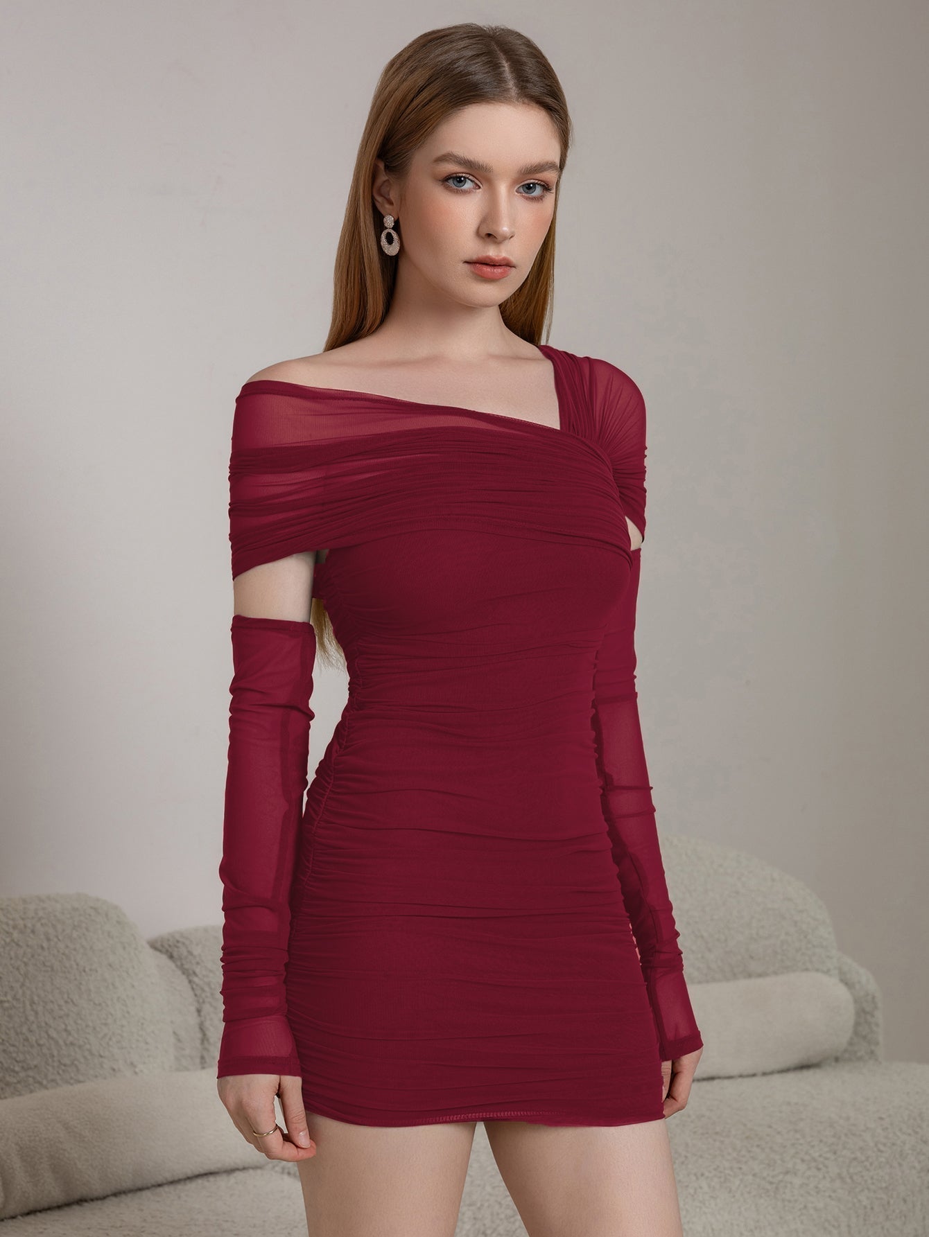 Mesh Off Shoulder Long Sleeve Ruched Cut Out Bodycon Mini Dress