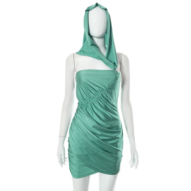 Hooded Ruched Mini Dress