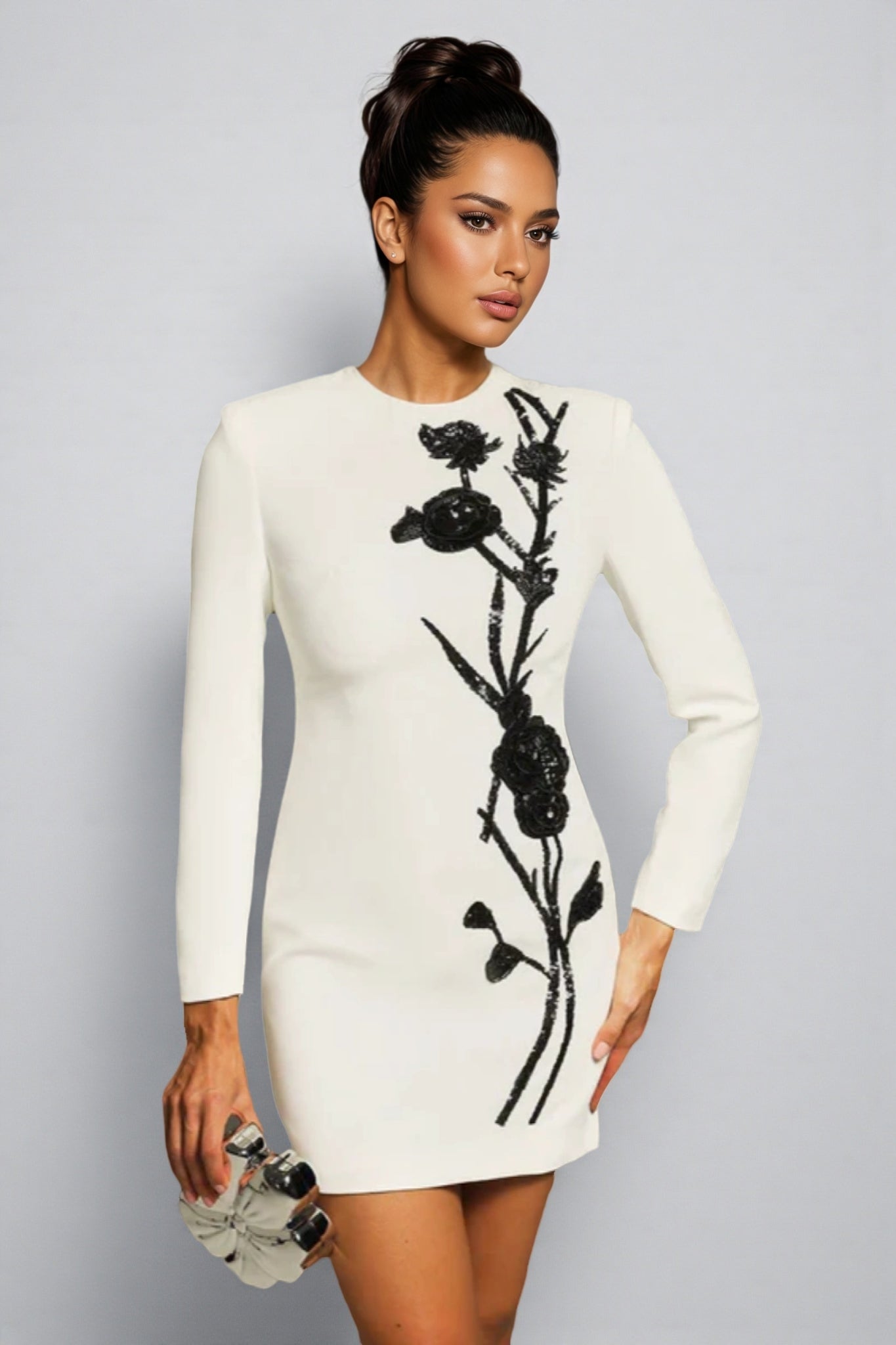 Beaded Floral Long Sleeve Bodycon Mini Dress