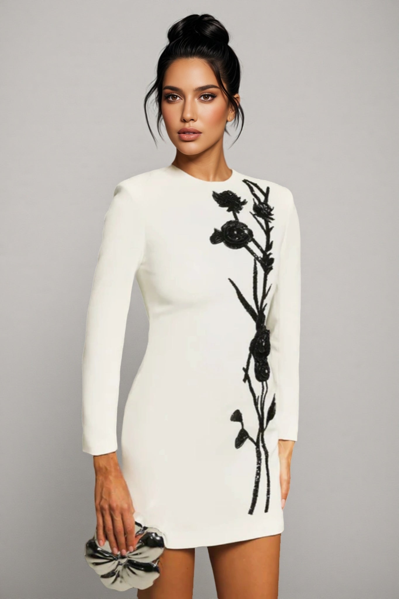 Beaded Floral Long Sleeve Bodycon Mini Dress