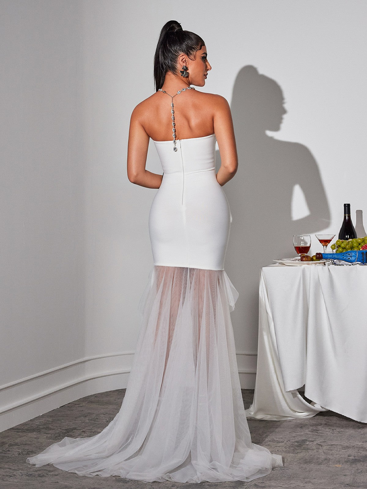 Strapless Rose Print Bodycon Mini Dress With Tulle Train