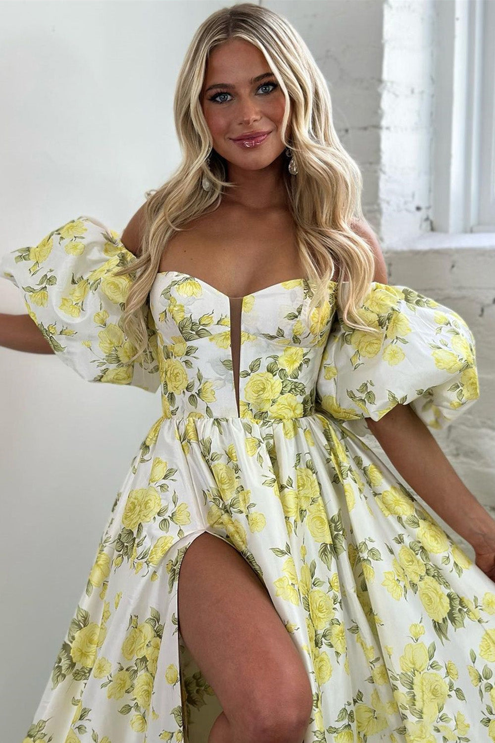 Yellow A-Line Off The Shoulder Puff Sleeves Long Prom Dress With Slit