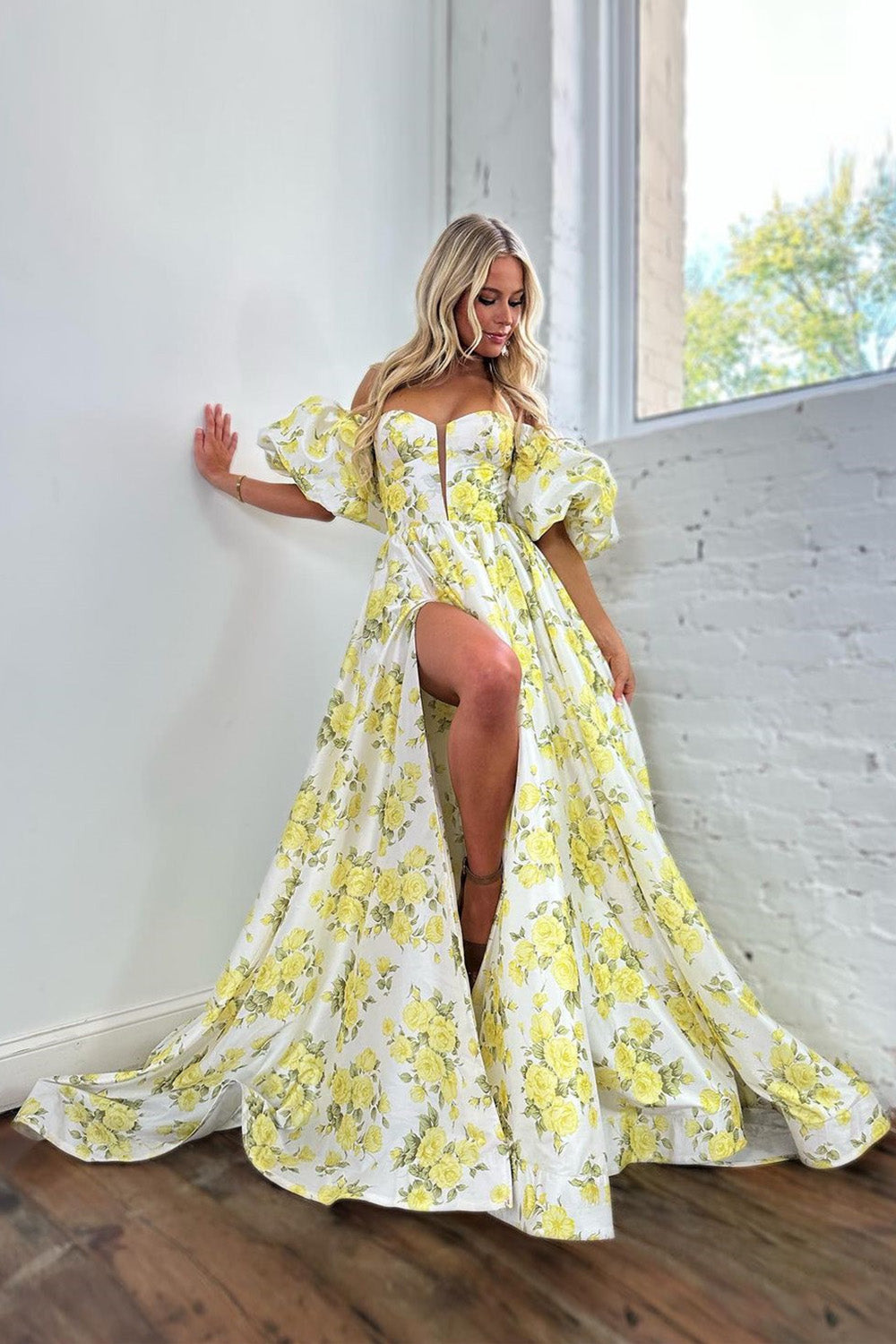 Yellow A-Line Off The Shoulder Puff Sleeves Long Prom Dress With Slit