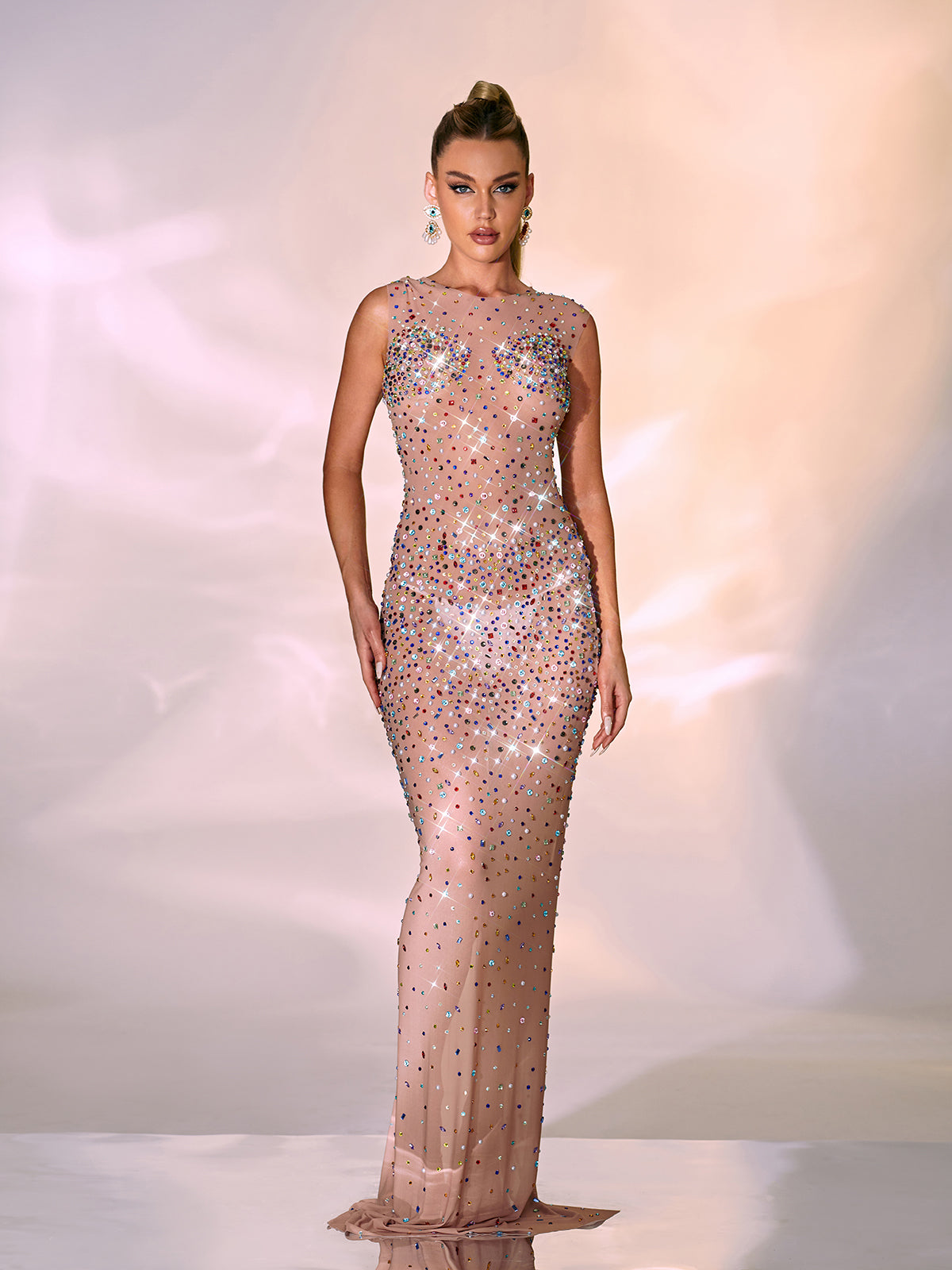 Rhinestone Sheer Mesh Sleeveless Bodycon Maxi Gown