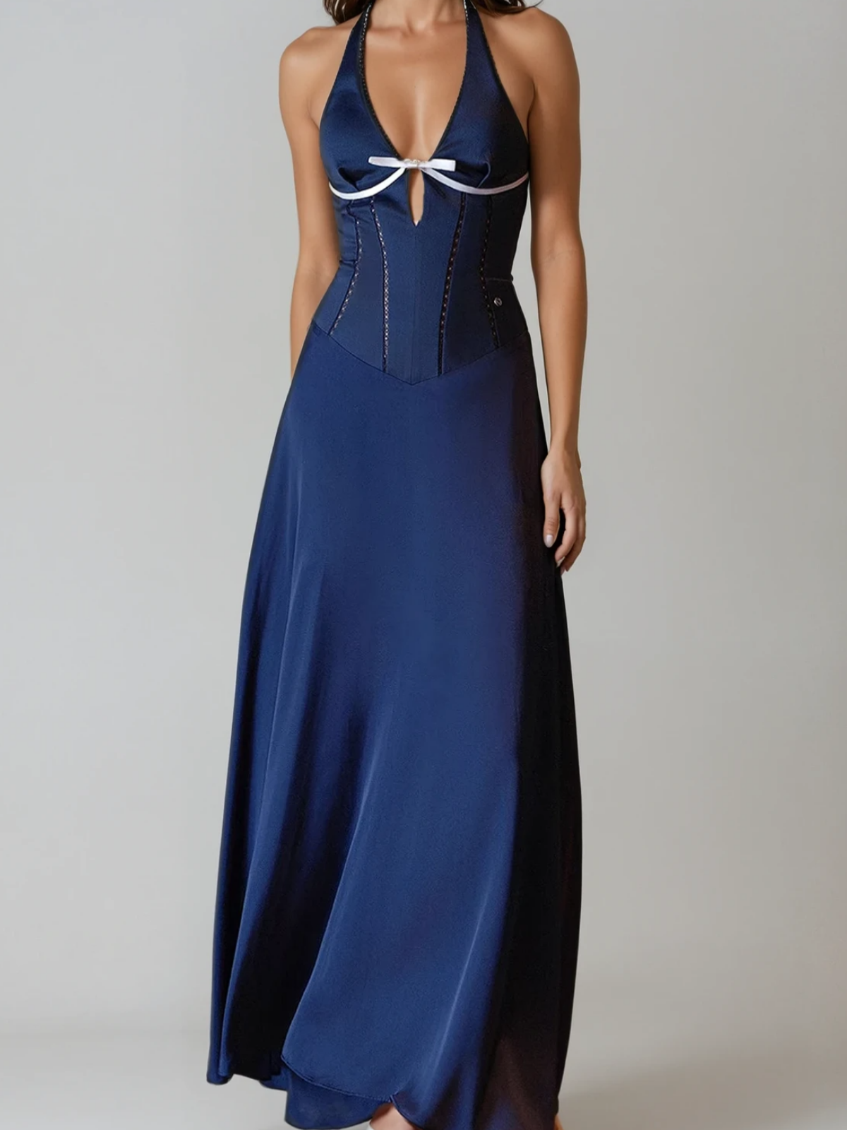 Satin Halter Neck Plunge Corset Bow Maxi Dress
