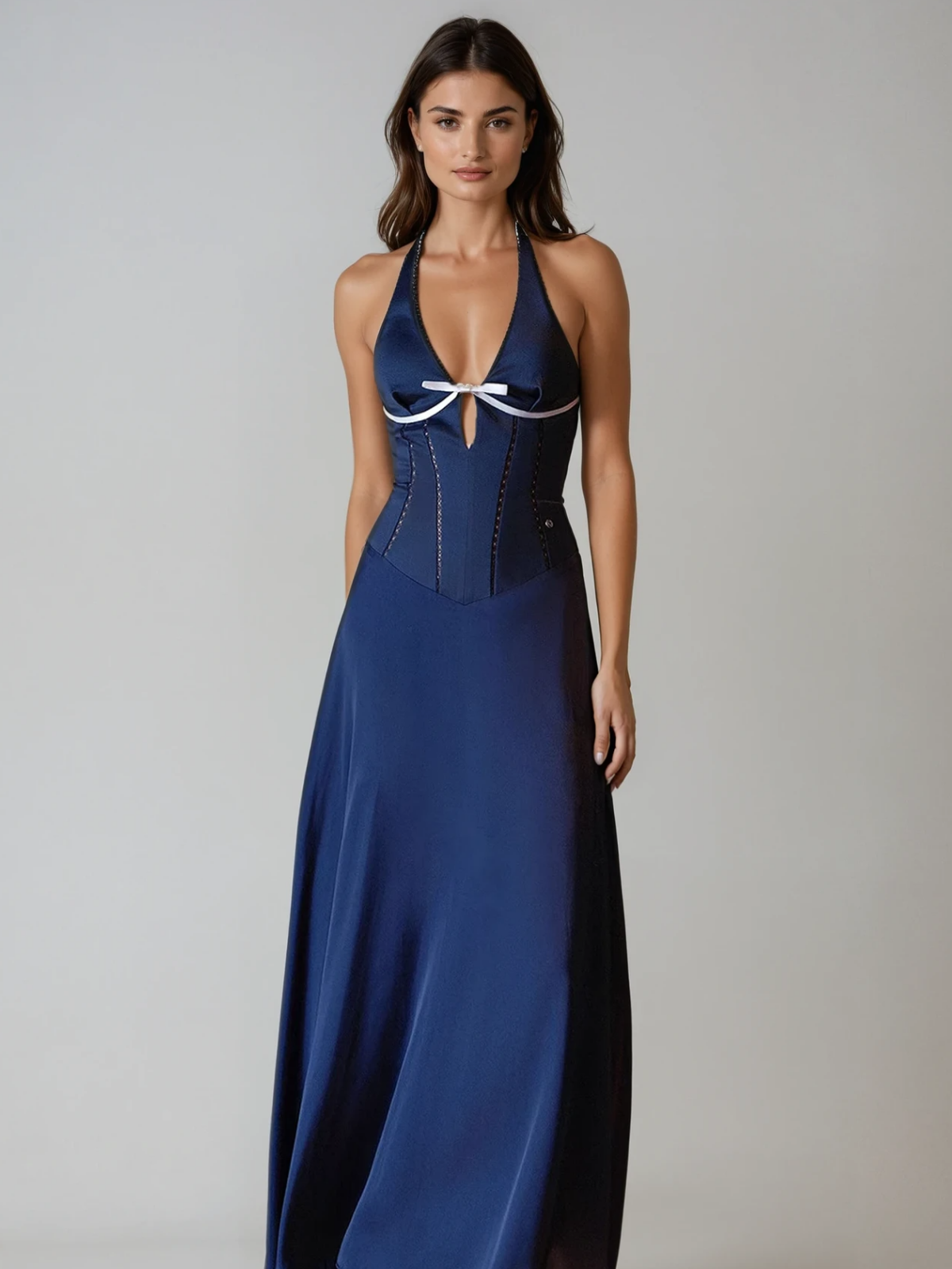 Satin Halter Neck Plunge Corset Bow Maxi Dress