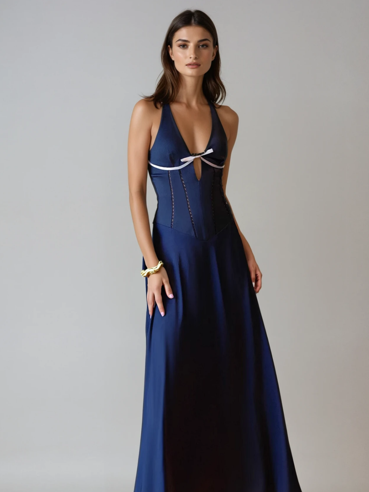 Satin Halter Neck Plunge Corset Bow Maxi Dress