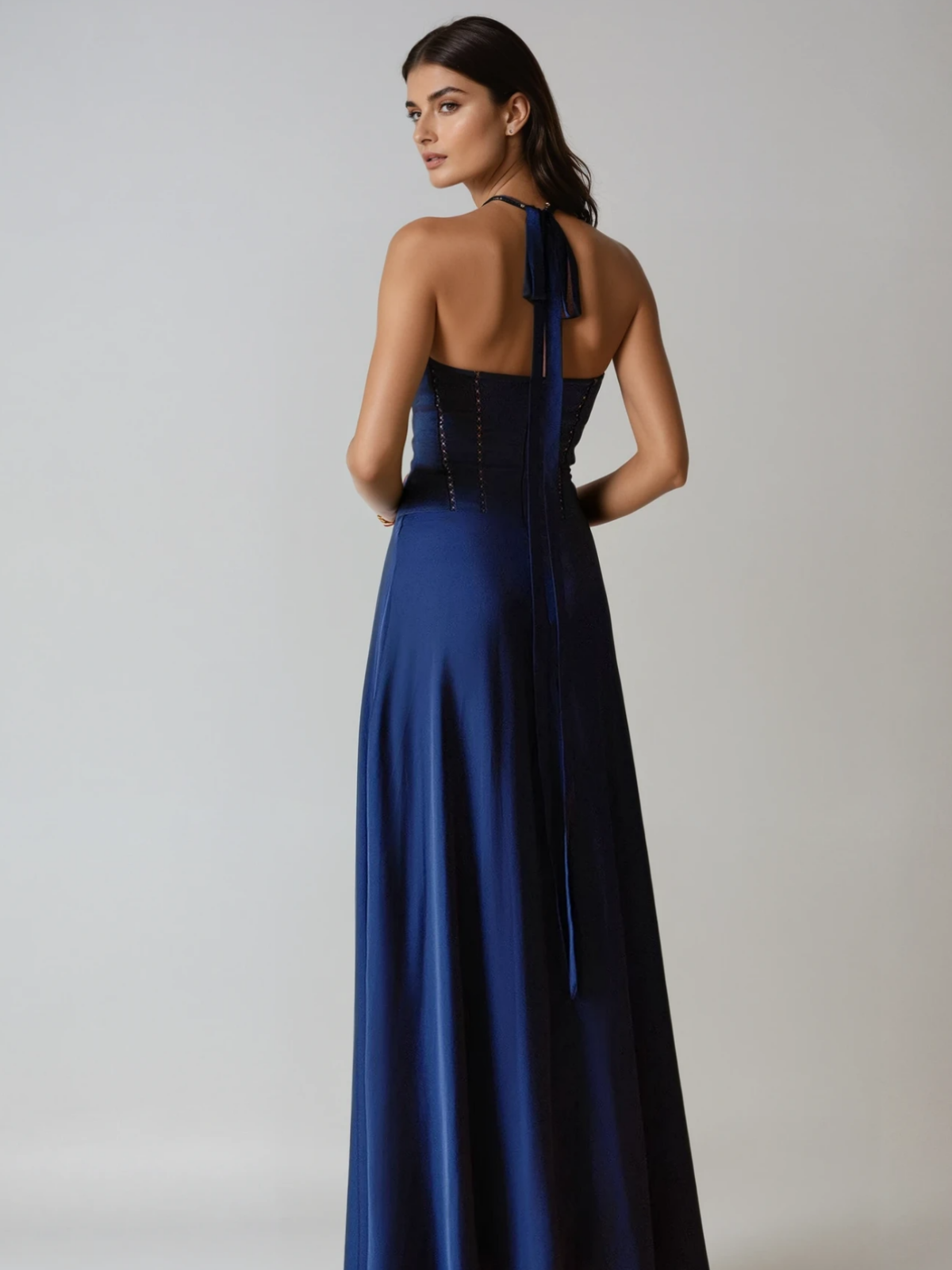 Satin Halter Neck Plunge Corset Bow Maxi Dress