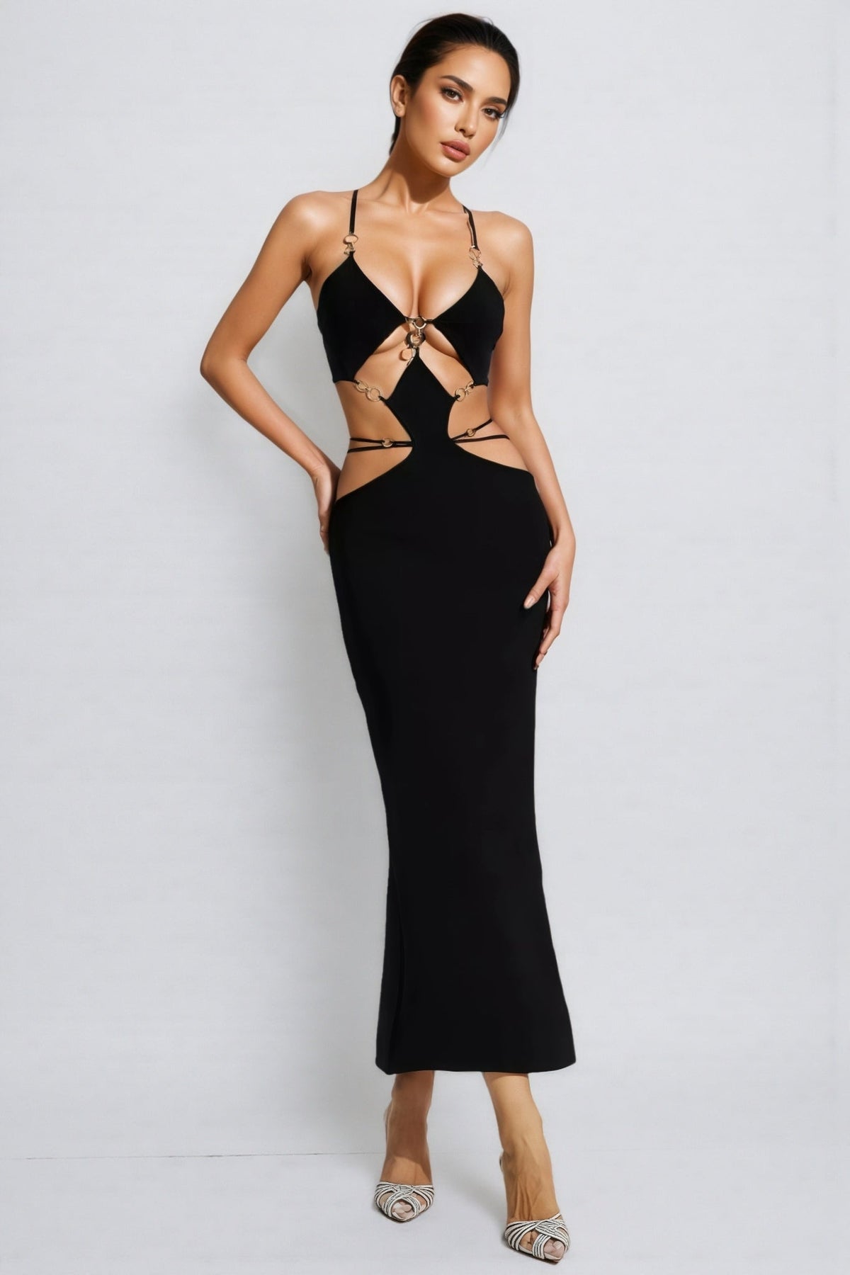 Halter Neck Ring Detail Cut Out Waist Bodycon Maxi Dress