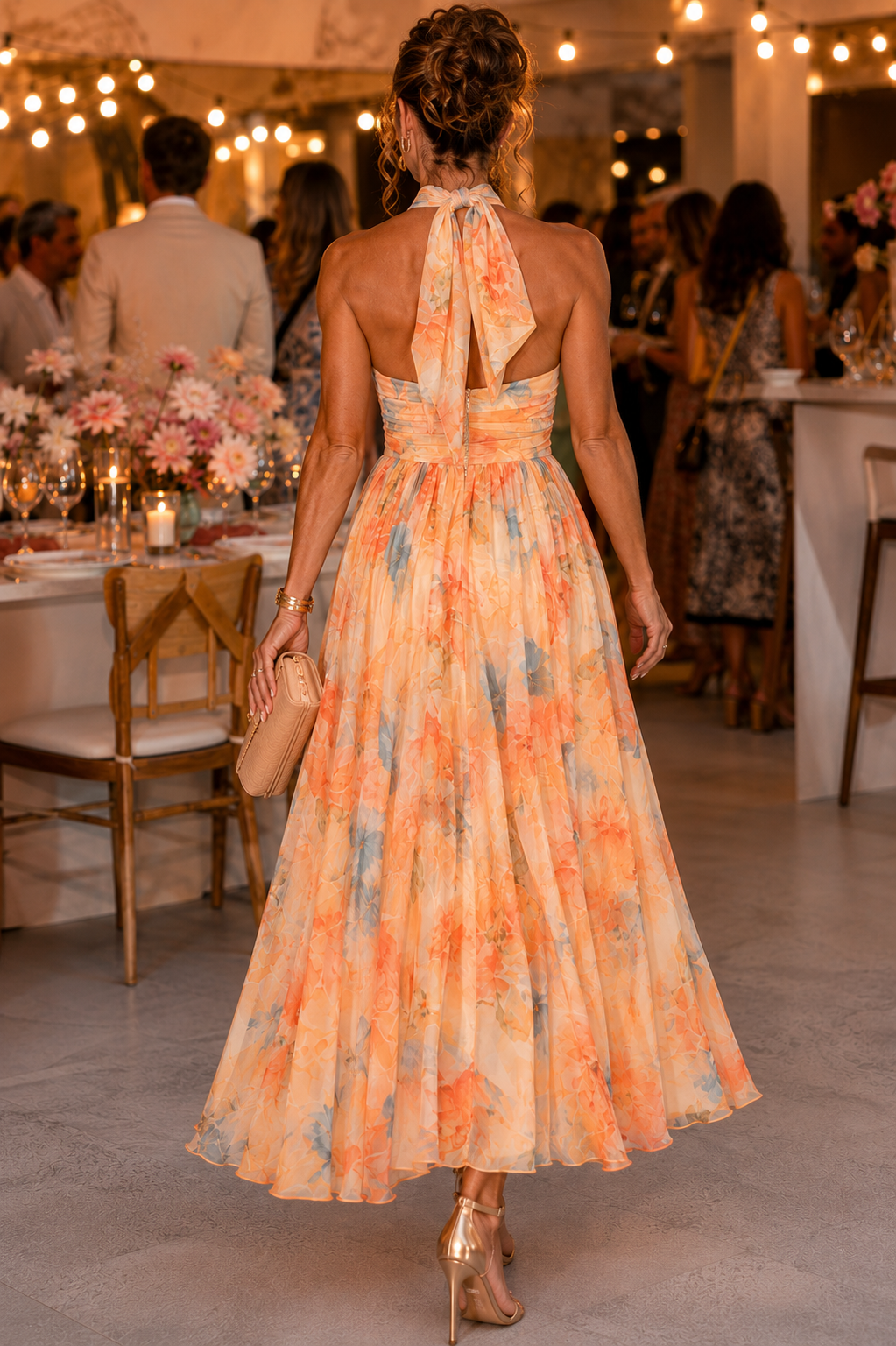 Floral Print Halter Neck Fit and Flare Maxi Dress
