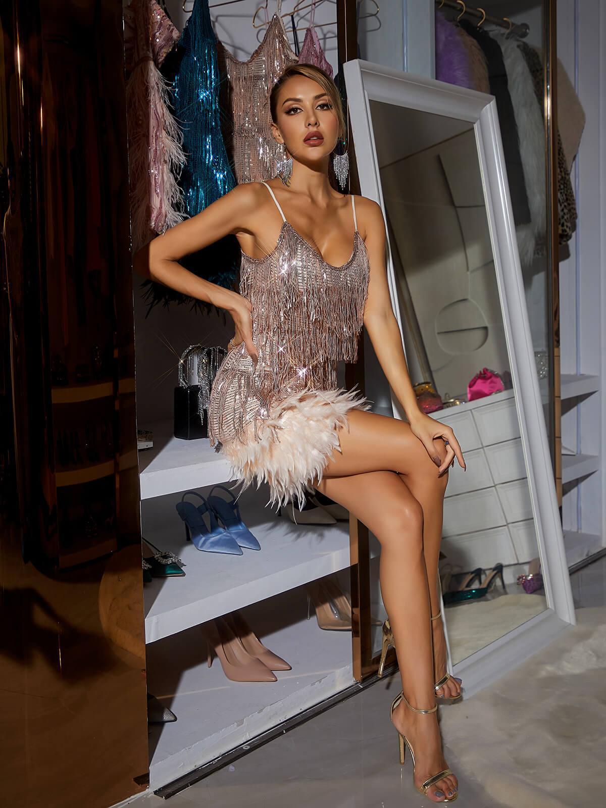 Tassel Feather Mini Dress In Champagne - View 4