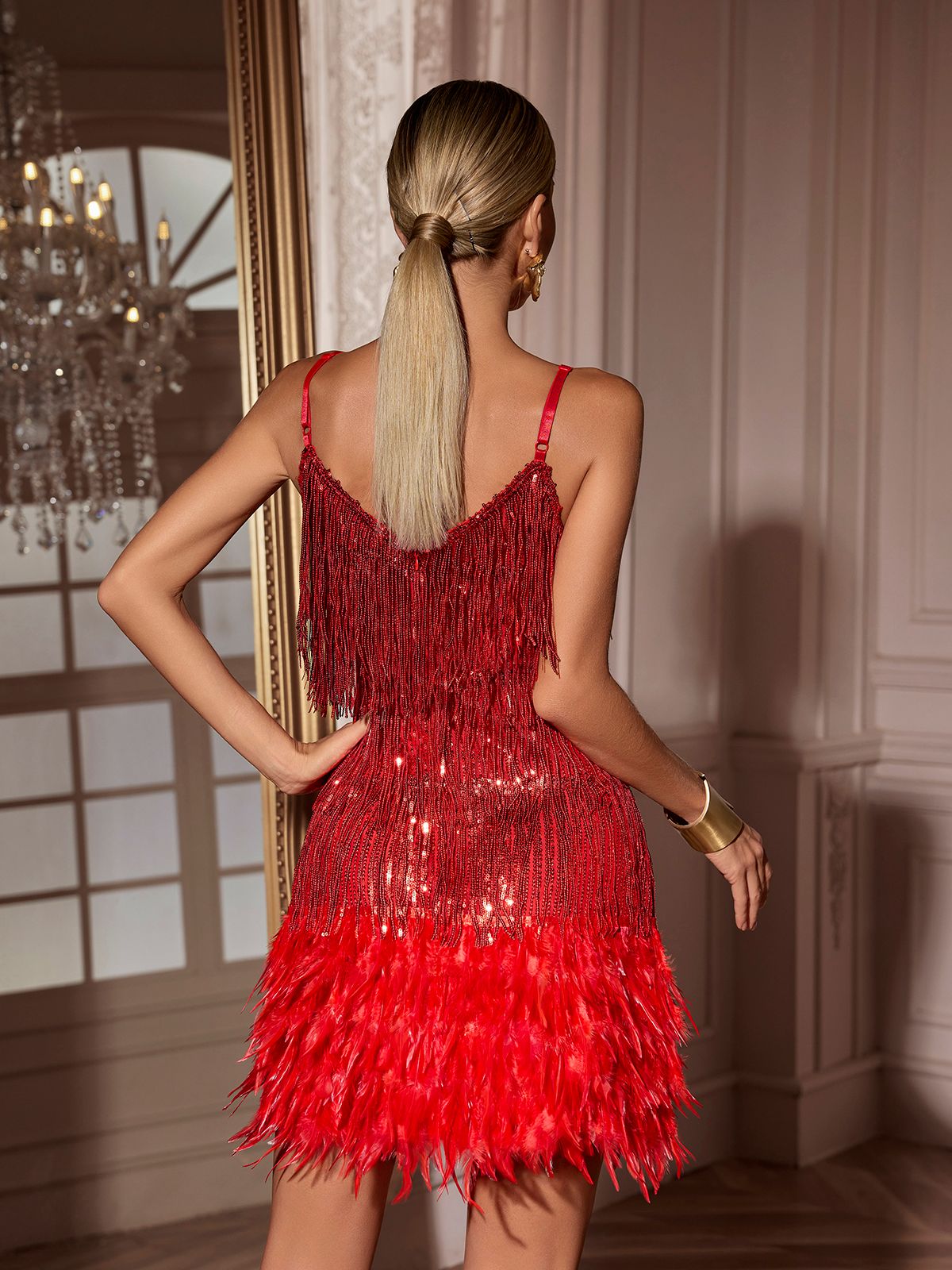 Tassel Feather Mini Dress In Red - View 6