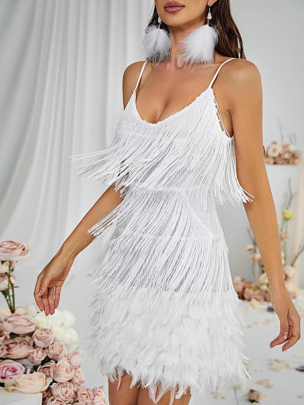 Austyn Tassel Feather Mini Dress In White - View 5