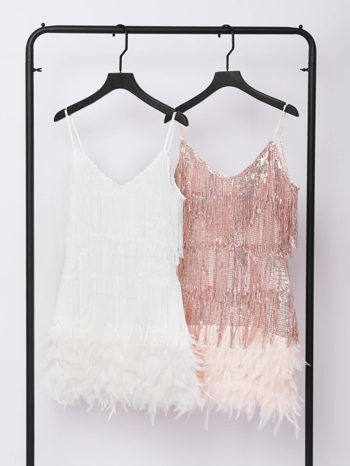 Austyn Tassel Feather Mini Dress In White - View 6