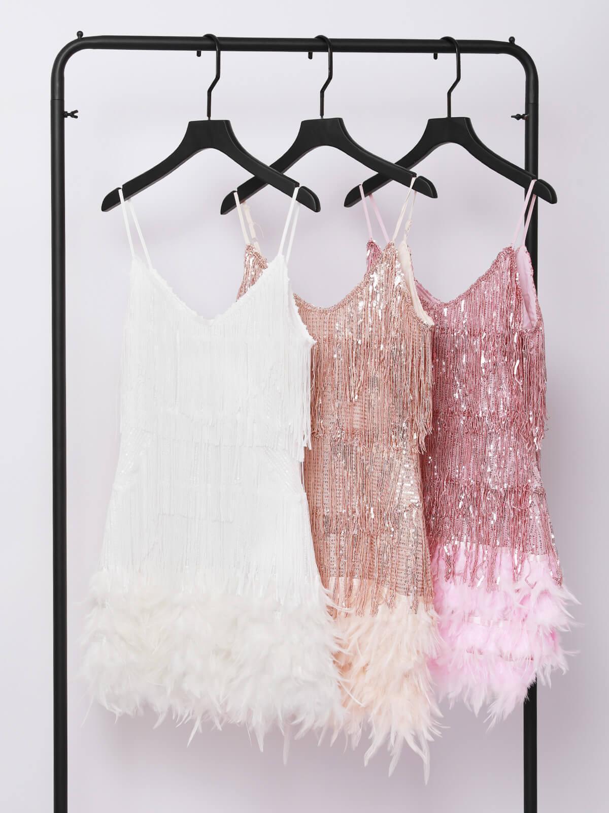 Tassel Feather Mini Dress In Champagne - View 8