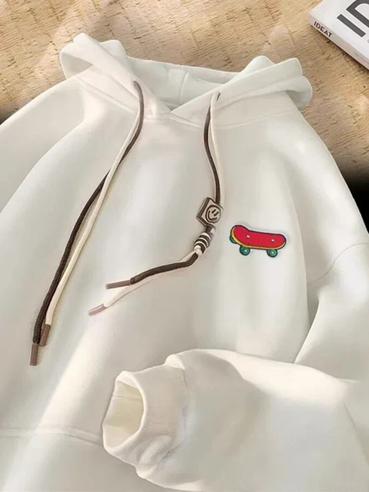 Embroidered Skateboard Patch Double Drawstring Fleece Hoodie 12